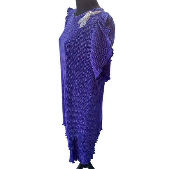 Vintage Patra Purple Pleated Dress With Sequin Floral Brooch Size 14 Womens - Picture 6 of 10